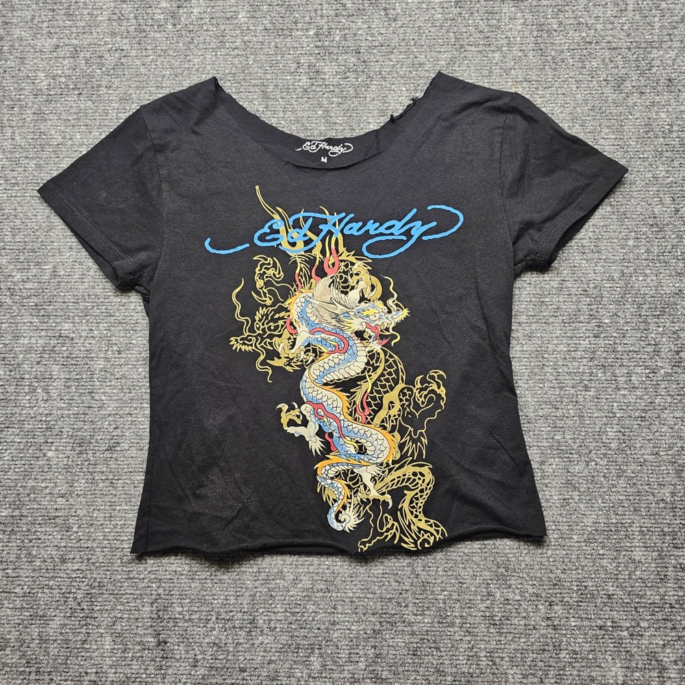 Ed Hardy Womens Dragon Graphic T-Shirt Black Short Sleeve Raw Hem Y2K Size M